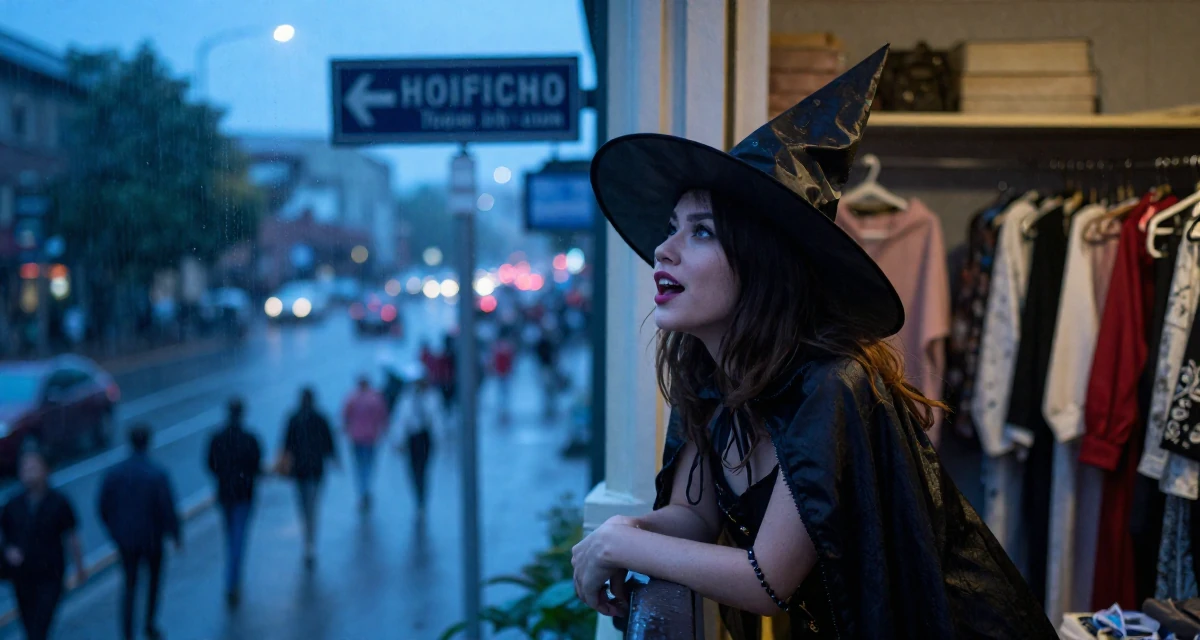 A vibrant Female Former retail cashier, now monetizing aesthetic self-portraits in their 23, trying to collaborate with other creators for visibility, wearing a classic witch costume with a wide-brimmed hat, looking at a street sign in a walk-in closet.
