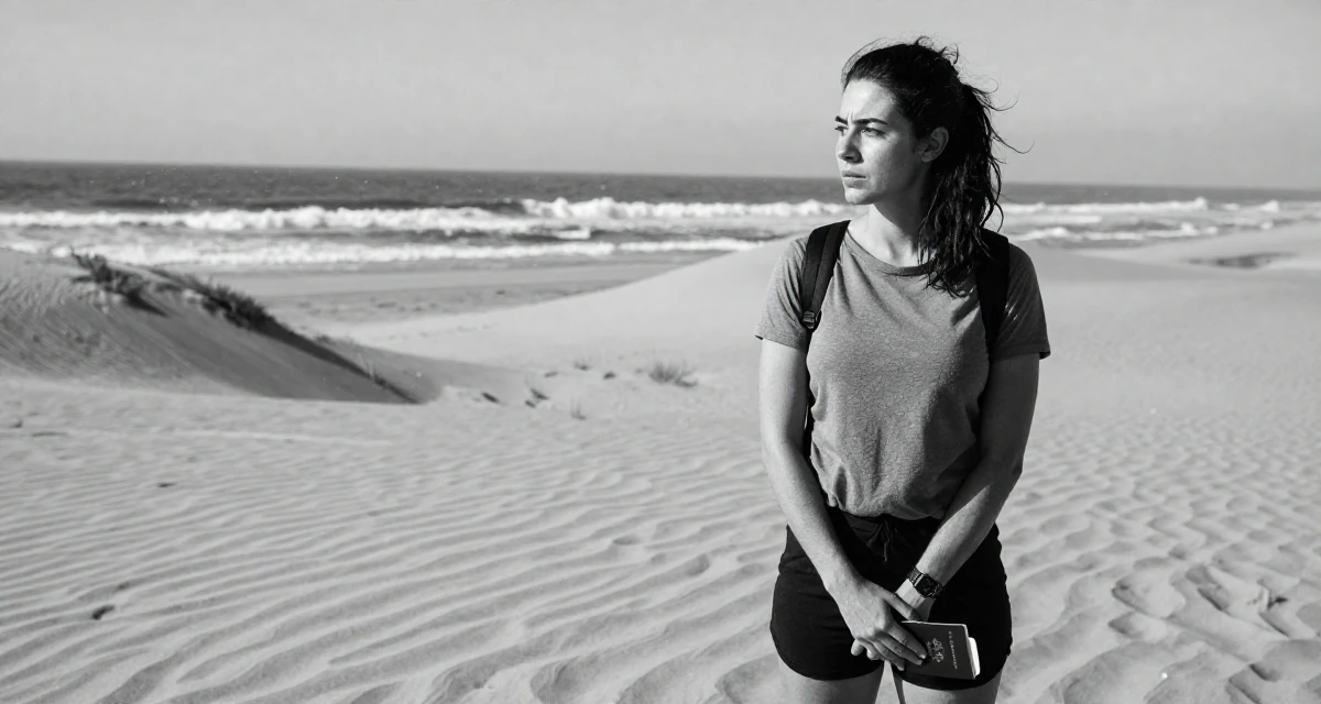 A distracted Female Former martial-arts trainee, now producing athletic creator content in their 32, managing long-distance relationship, wearing a comfortable travel outfit, holding a passport in a desert sand dunes.