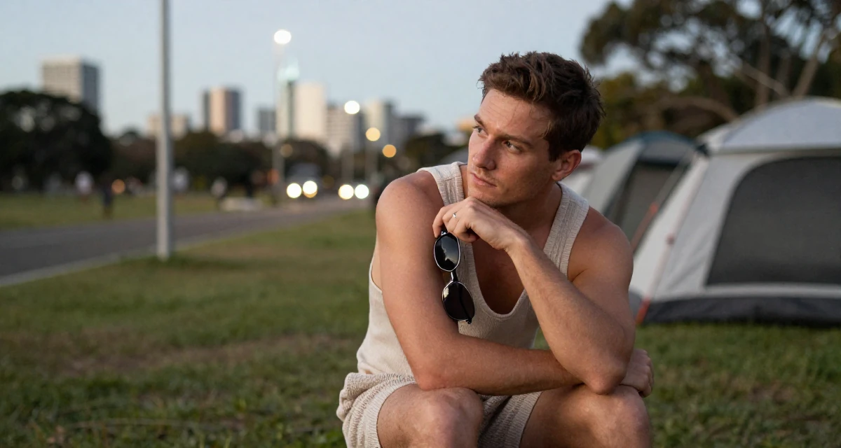 A contemplative male From Sydney Australia, trained in pole fitness and expressive dance in their 22, exploring early career opportunities, wearing a knitted loungewear shorts and a matching tiny top, putting on sunglasses in a camping site.