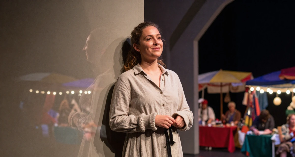 A quietly happy Female From USA, studied anthropology and folklore in their 23, creating photo sets that feel intimate but not explicit, wearing a button-up shirt dress with the top buttons undone, pulling a sweater sleeves over hands in a theater stage.