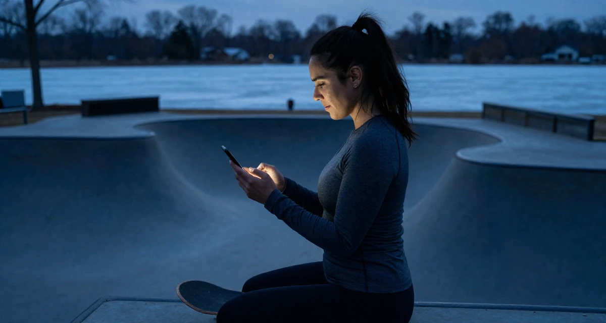 A victorious Female Born in the Dominican Republic, studied tourism marketing in their 39, reflecting on a decade of professional growth, wearing a fitted athletic wear, scrolling casually in a skate park.