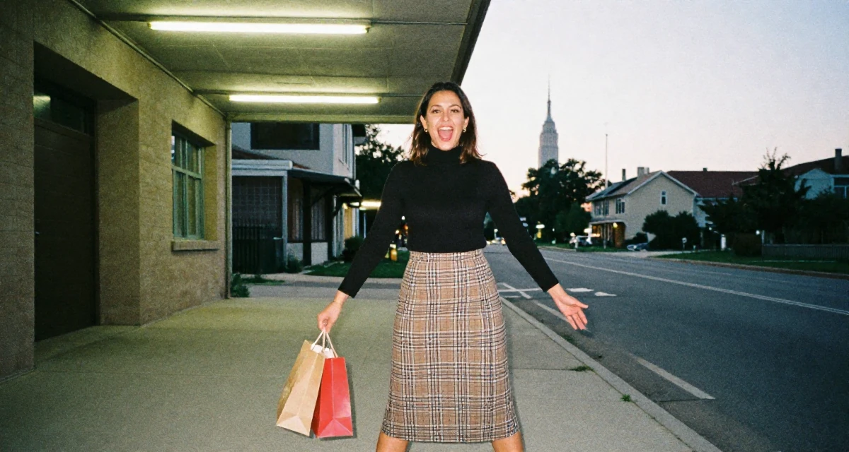 A enthusiastic Female From Budapest Hungary, explored sensual character-based content in their 33, building a supportive online community, wearing a classic black turtleneck tucked into a plaid midi skirt, holding a shopping bag in a country road.