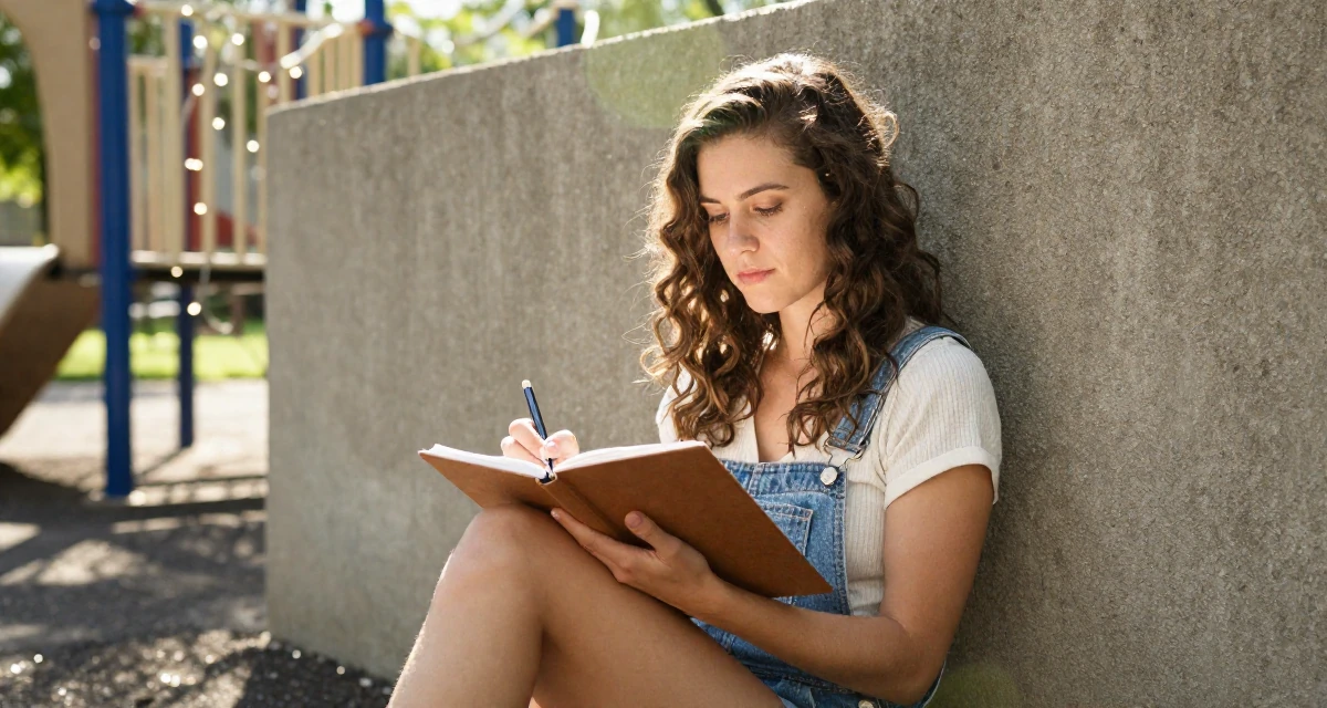 A reflective Female Raised in Canada, majored in fine arts in their 25, feeling established in their chosen field, wearing a retro 90s casual vibe, writing in a notebook in a school playground.