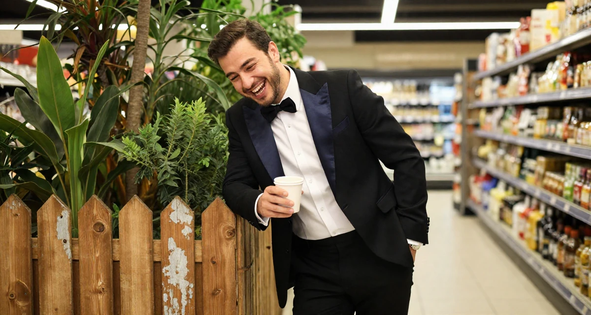A warm male From Turkey, majored in mechatronics in their 20, fueled by caffeine and late-night ambition, wearing a satin lapel blazer and tuxedo pants, laughing uncontrollably in a supermarket aisle.