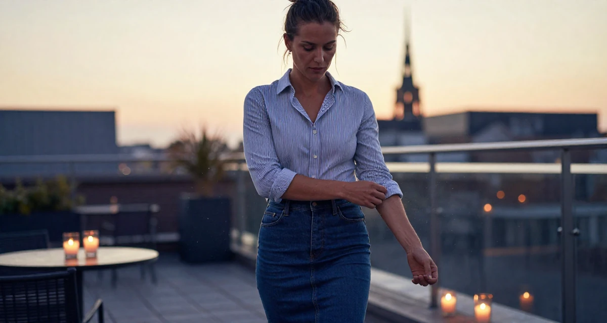 A mysterious Female From the Netherlands, studied user experience design in their 41, rediscovering personal style after forty, wearing a striped button-down shirt tucked into a denim pencil skirt, adjusting sleeves in a rooftop terrace at sunset.