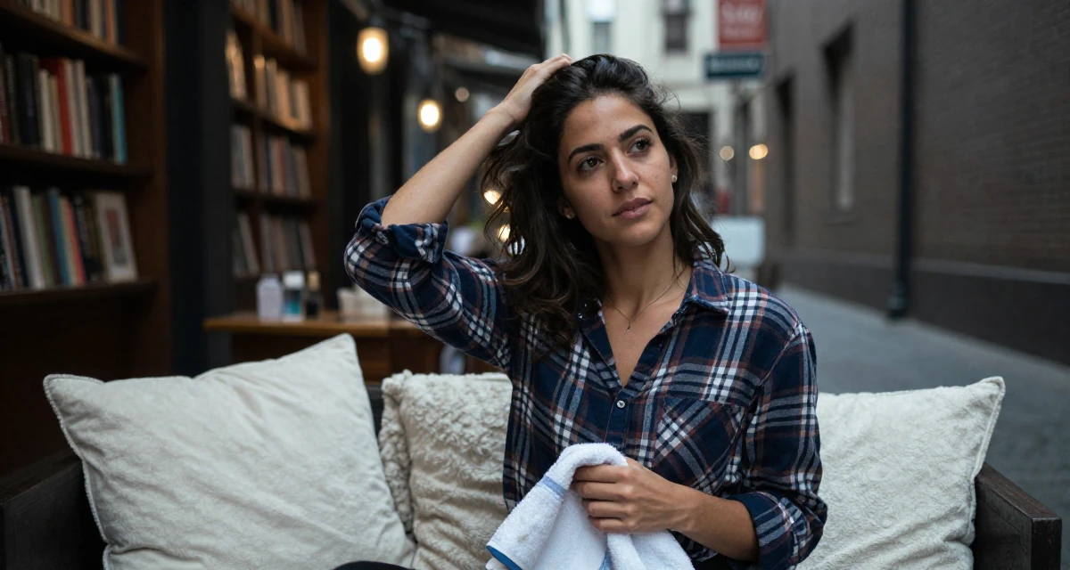 A relaxed and observant Female Former pharmacist in training, now teaching wellness routines online in their 22, planning monthly photoshoots on a tight budget, wearing a casual plaid button-down, holding a gym towel in a vintage bookstore.