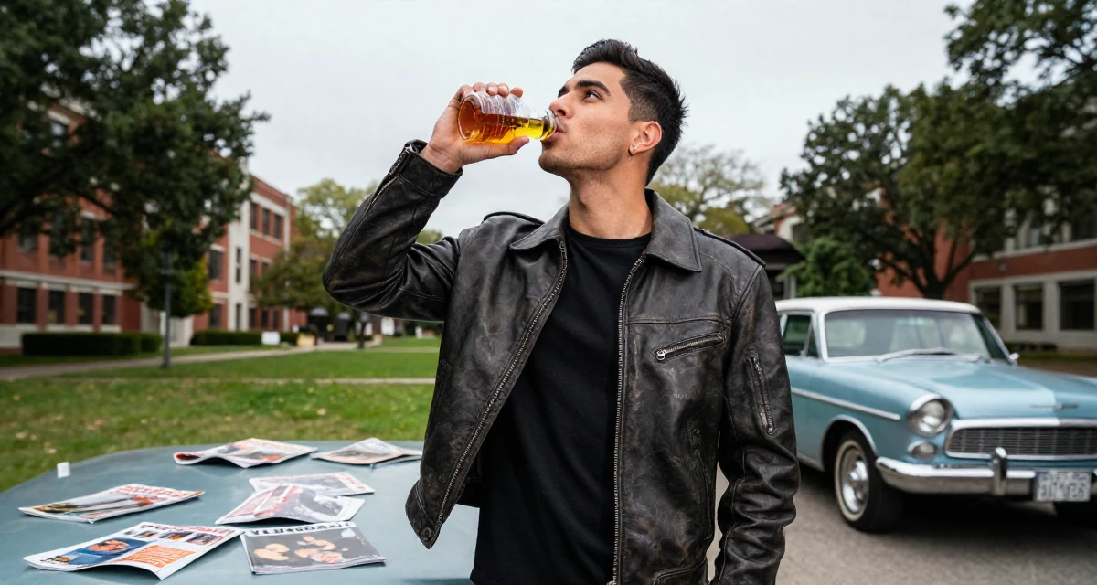 A coy male From Nicaragua, majored in sports science in their 21, glowing with the thrill of legal drinking age, wearing a vintage-inspired leather jacket look, looking up at the sky in a university campus.
