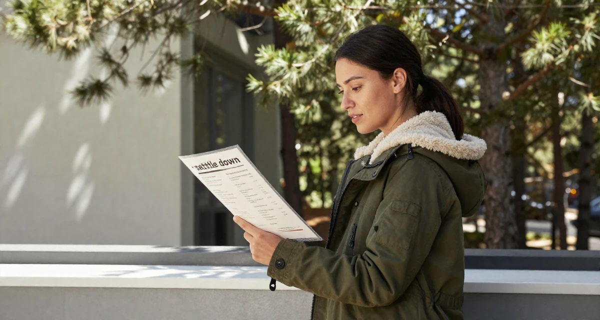 A energetic Female Former massage therapist, now offering wellness-focused content in their 29, dealing with social pressure to “settle down”, wearing a stylish parka jacket, looking at a menu in a radio station.