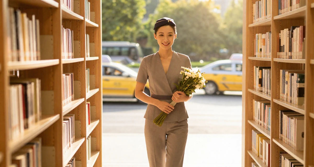 A warm and welcoming Female Former flight attendant, now offering global-inspired aesthetic content in their 25, exploring creativity online, wearing a tailored jumpsuit with a deep v-neck, holding a bouquet in a library aisle.