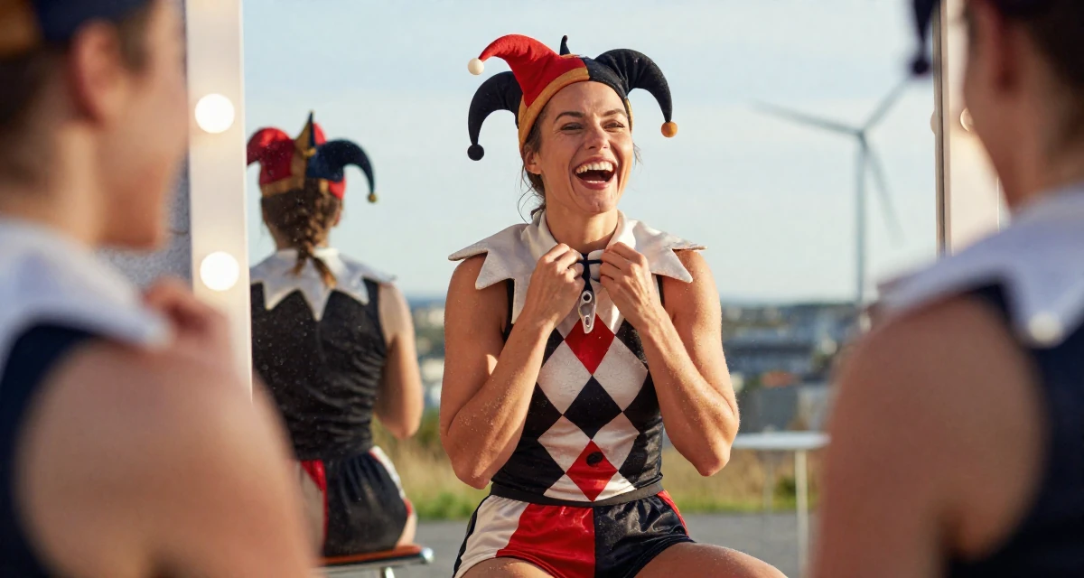 A subtly surprised Female From Bergen Norway, studied business economics in their 21, laughing openly with head thrown back, wearing a harlequin jester costume with a diamond pattern, adjusting a scarf in a vanity mirror.