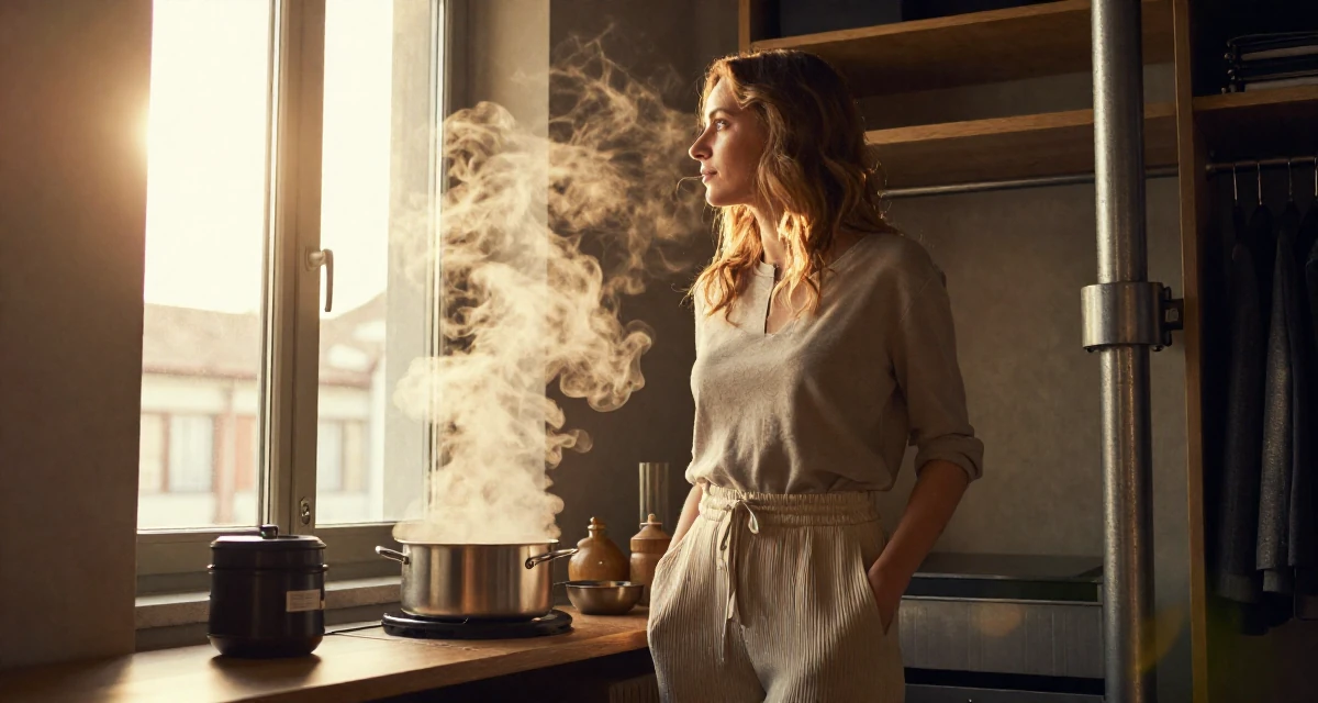 A ethereal Female From Switzerland, studied finance and banking in their 47, sharing the joy of slow food and cooking, wearing a relaxed fit pleated trousers, looking out the window in a walk-in closet.