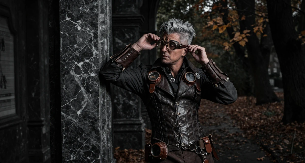 A soulful male From Portugal, studied marine sciences in their 48, embracing grey hair with style and grace, wearing a steampunk adventurer outfit with a corset and goggles, pushing glasses up the nose in a autumn forest.