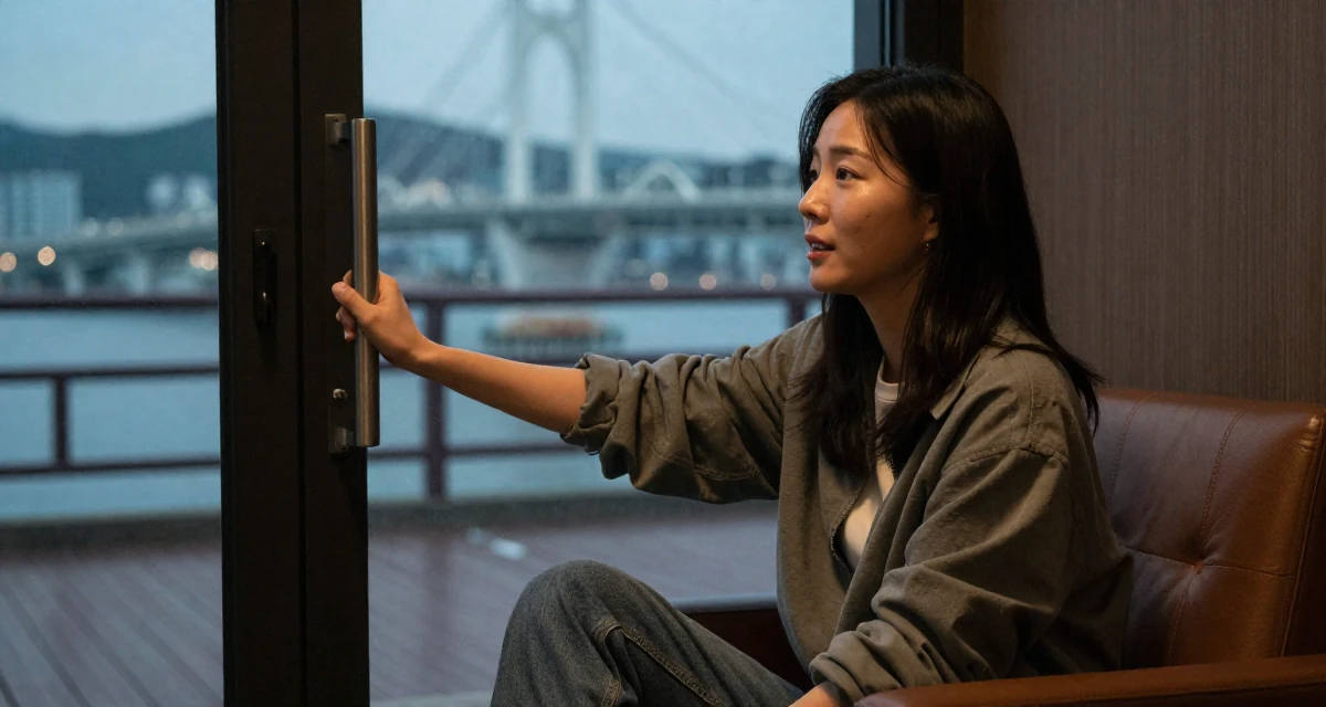 A refreshed Female From Busan South Korea, trained at a private dance academy in their 44, expert in negotiation and communication skills, wearing a relaxed streetwear, pushing a door open in a cinema lobby.