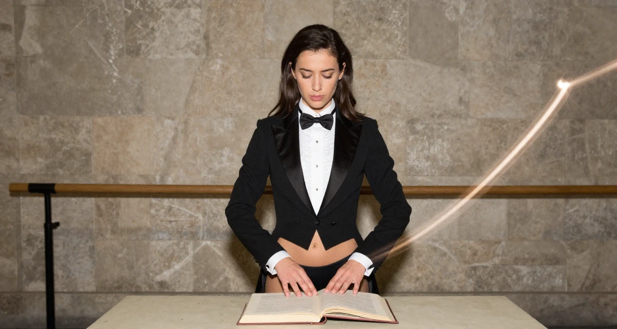 A melancholic Female From Miami USA, studied body aesthetics and bikini competition prep in their 25, experimenting with niche themes to stand out, wearing a circus ringmaster outfit with a tailcoat, smoothing out clothes in a ballet studio.