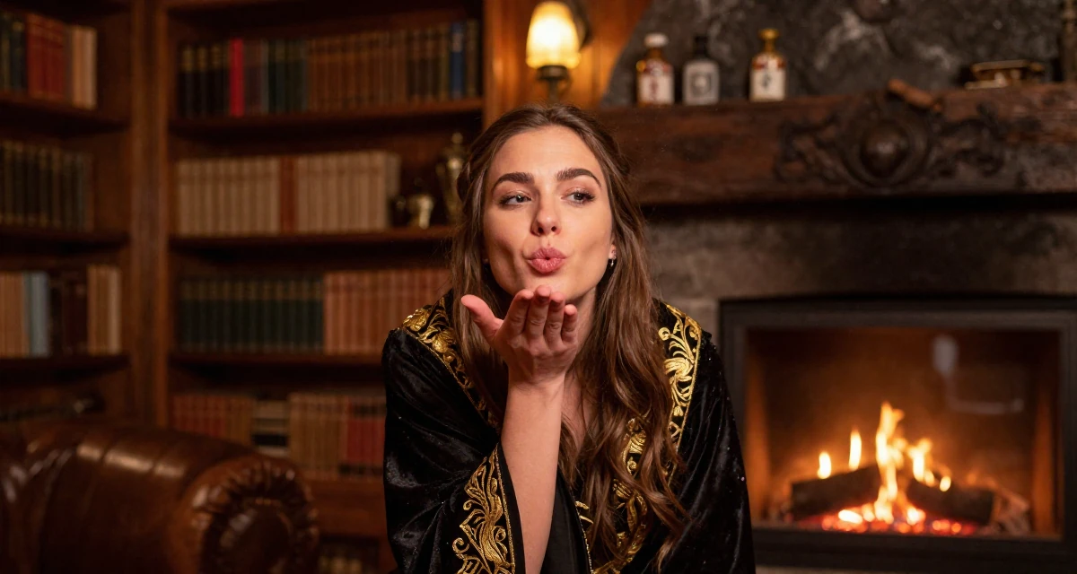 A calmly observant Female From Poland, based in Gdańsk, graduated from a communication college majoring in expressive personal branding in their 25, making peace with early awkward content, wearing a high-fantasy sorceress robe with gold embroidery, blowing a kiss in a ski lodge fireplace.