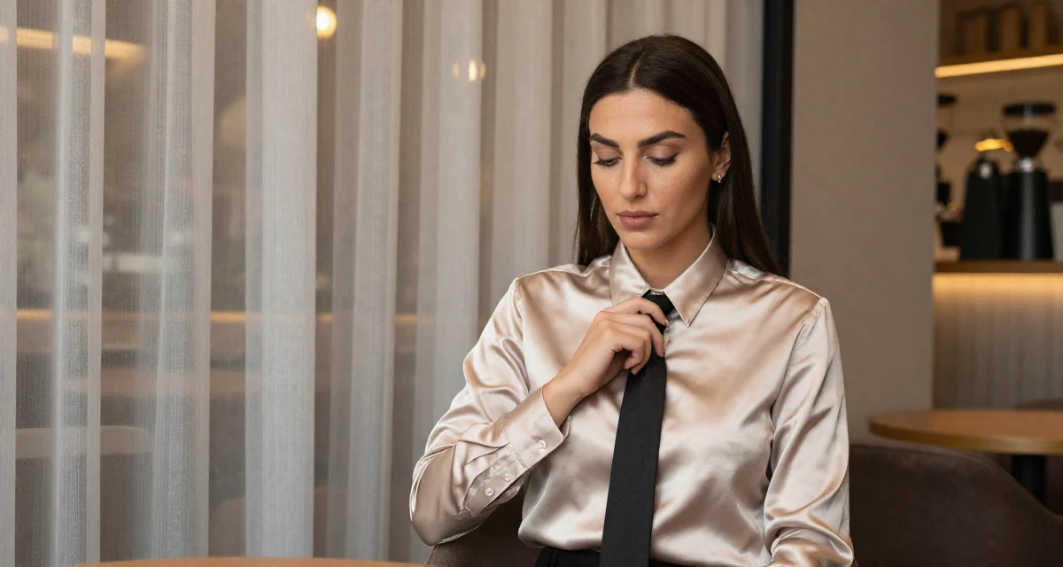 A calm Female From Arabic-speaking world, majored in geology in their 24, observing peers’ progress and feeling comparison pressure, wearing a satin button-up shirt in champagne color, playing with a tie in a trendy coffee shop.