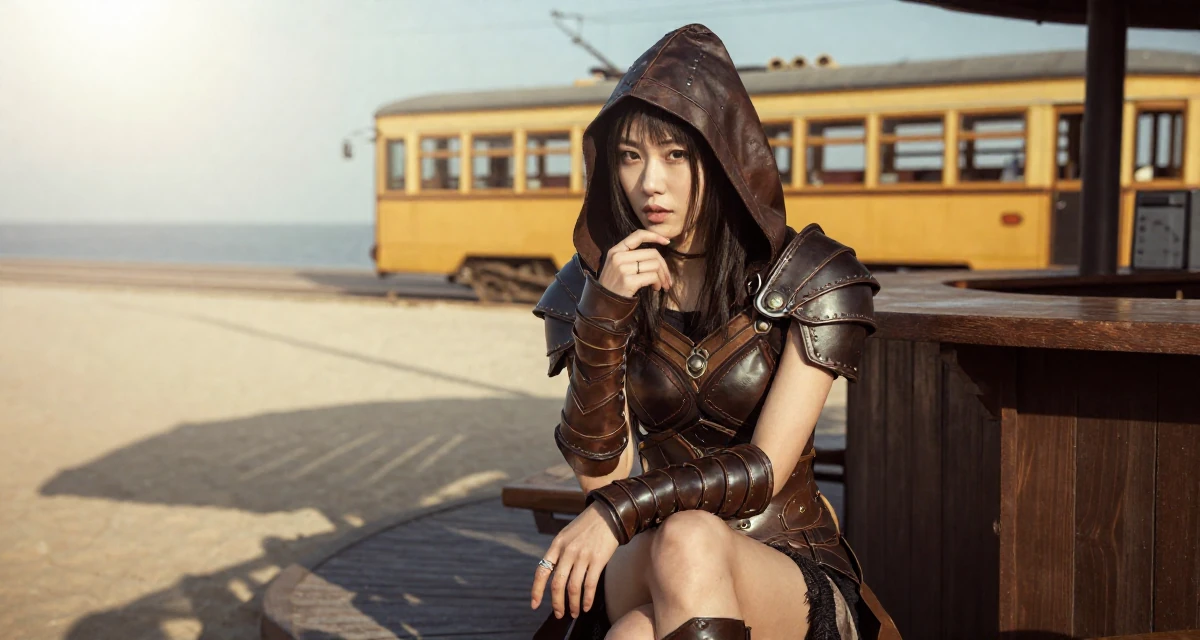 A solemn Female From Shanghai China, grew up studying dance and digital arts in their 41, focusing on financial independence and investing, wearing a fantasy rogue leather armor with a hood, playing with a ring on a finger in a beach bar.