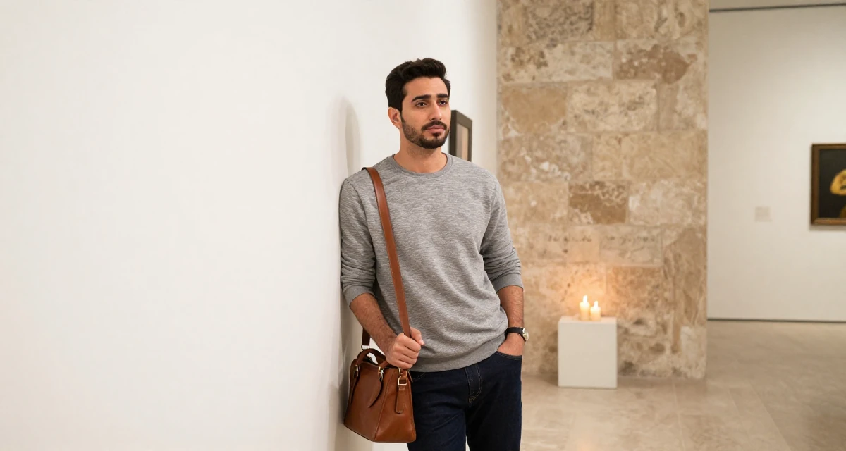 A moody male From Qatar, majored in media production and editing in their 23, shifting from impulsiveness to intentional planning, wearing a retro 90s casual vibe, carrying a leather handbag in a art gallery hall.