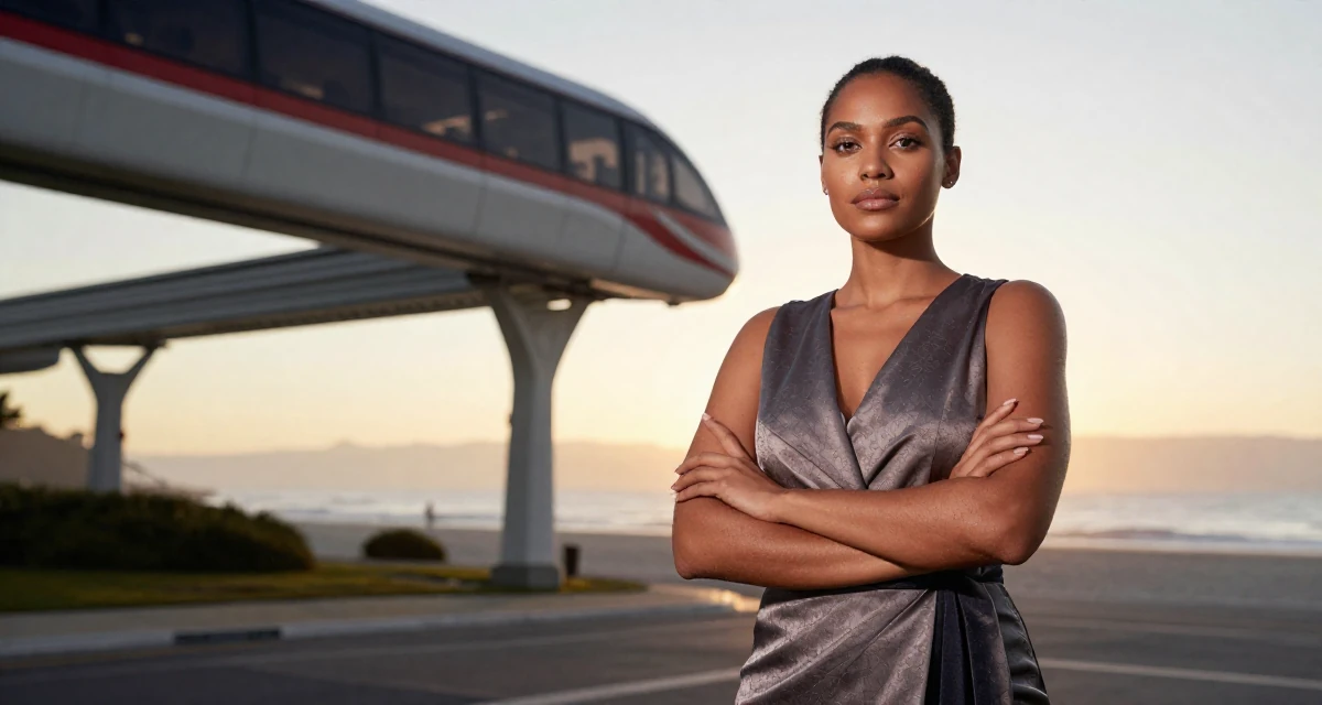 A dignified Female From South Africa, based in Cape Town, graduated from a fashion university majoring in body-positive styling in their 25, rethinking long-term career trajectory, wearing a elegant evening casual wear, taking a photo in a sunset beach.
