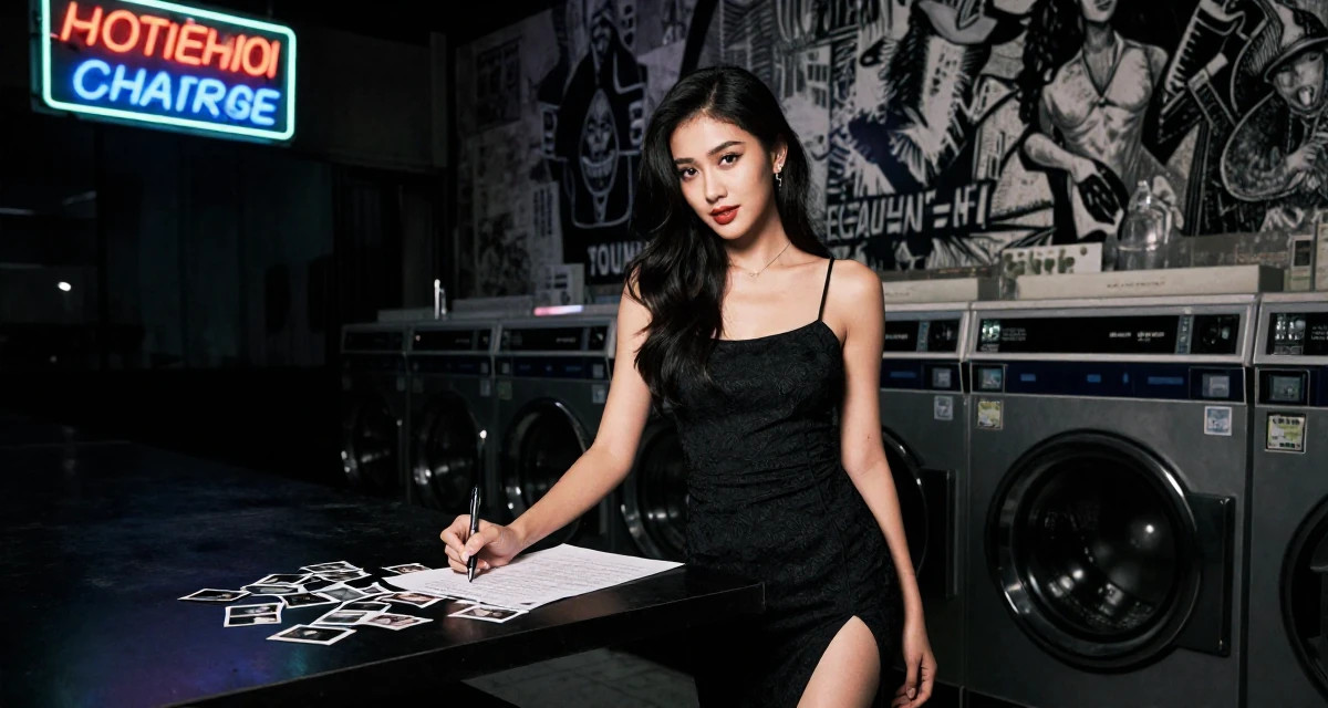 A charming Female From Thailand, studied hospitality management in their 23, investing more time in self-marketing, wearing a spaghetti strap summer dress with a high slit, holding a pen poised to write in a laundromat with neon signs.