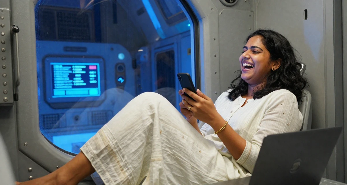 A spirited Female Raised in Bangladesh, studied consumer insights in their 31, finding joy in small daily rituals, wearing a light and airy spring attire, laughing uncontrollably in a spaceship corridor.