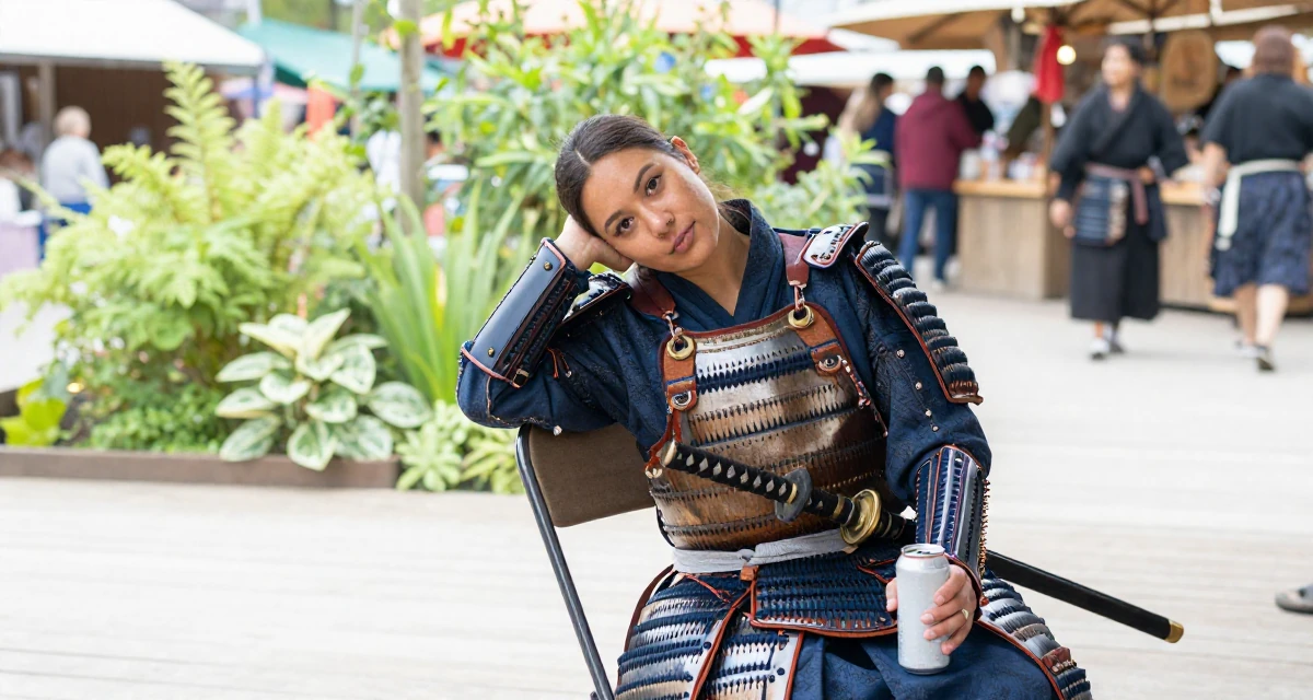 A lazy Female From Canada, majored in anthropology in their 33, documenting a weight loss and health journey, wearing a samurai armor set with a katana at the waist, holding a beverage can in a bustling market.