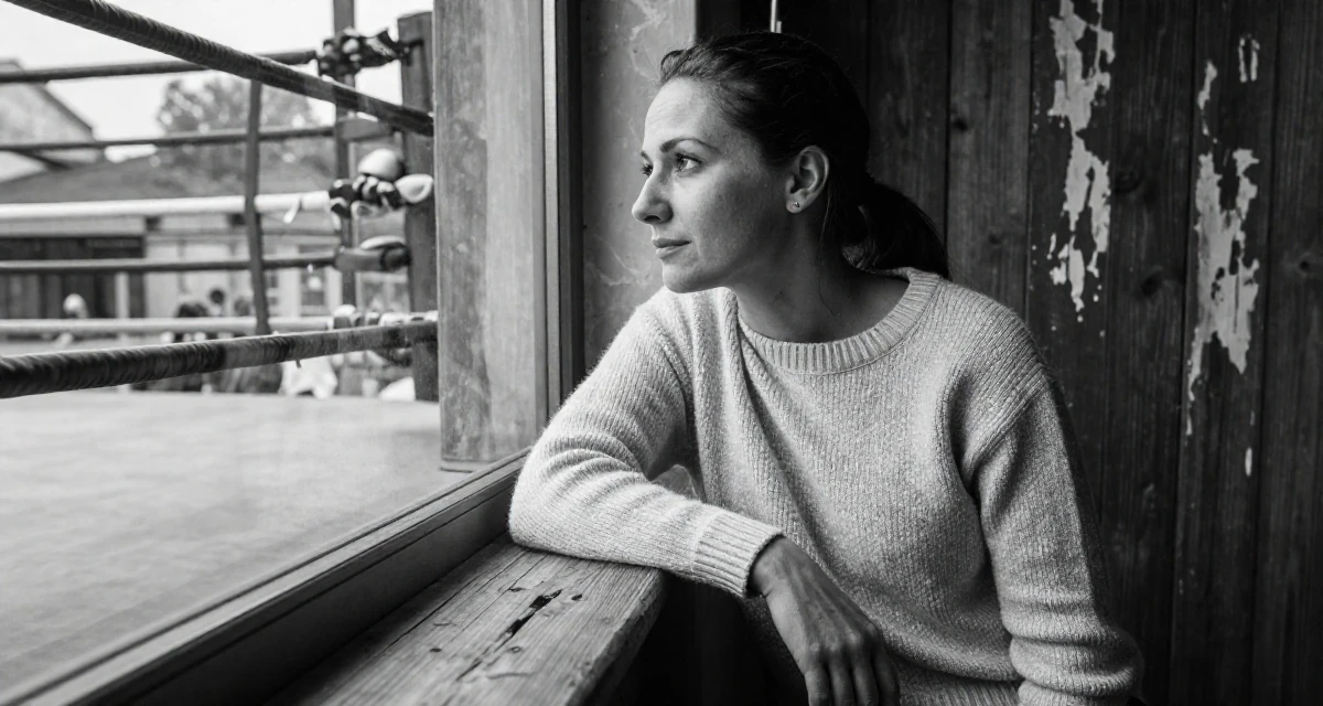 A confident Female From Hungary, majored in economics in their 38, investing in real estate and passive income, wearing a textured wool sweater, looking out the window in a boxing ring.
