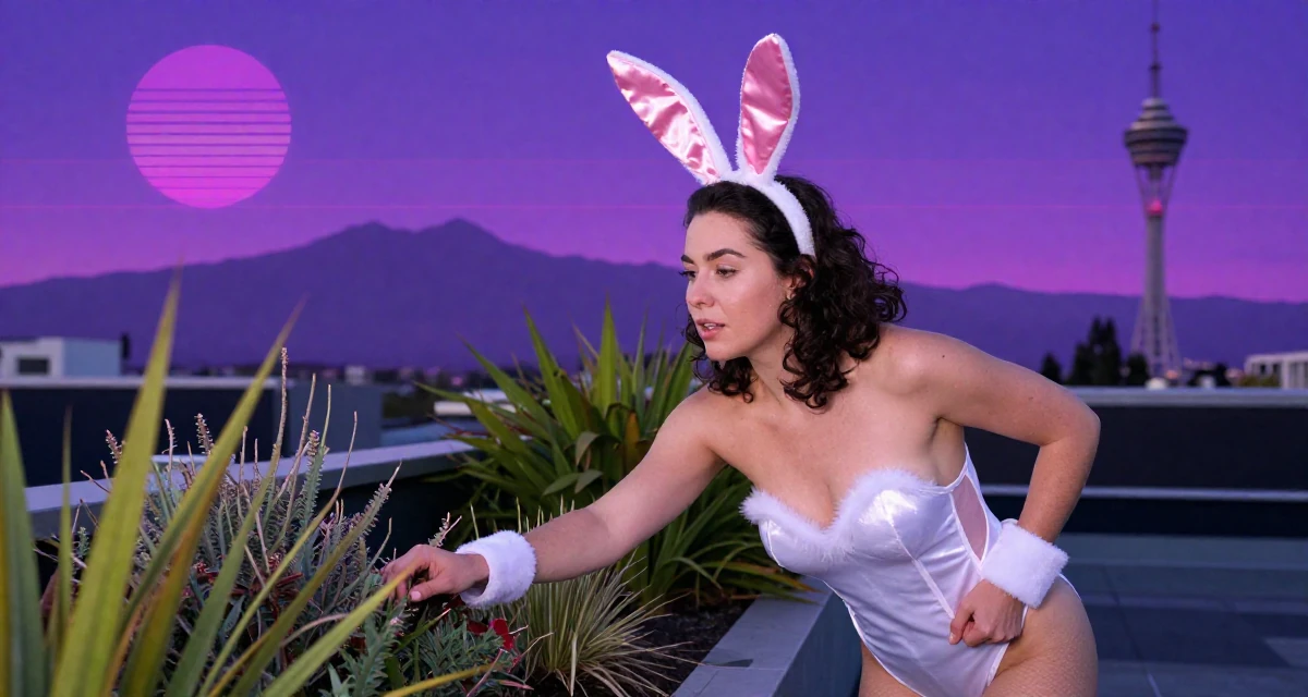 A observant Female From New Zealand, majored in landscape architecture in their 25, exploring safe ways to promote content without judgment, wearing a playful bunny girl costume with satin ears and cuffs, reaching for a pocket in a rooftop garden.