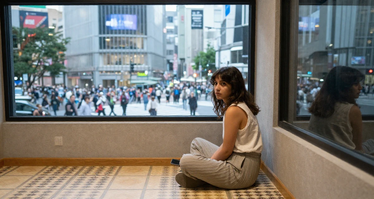A engrossed Female From Córdoba Argentina, studied emotional storytelling in photography in their 21, feeling lonely despite being constantly online, wearing a relaxed fit pleated trousers, looking at a reflection in a window in a music recording studio.
