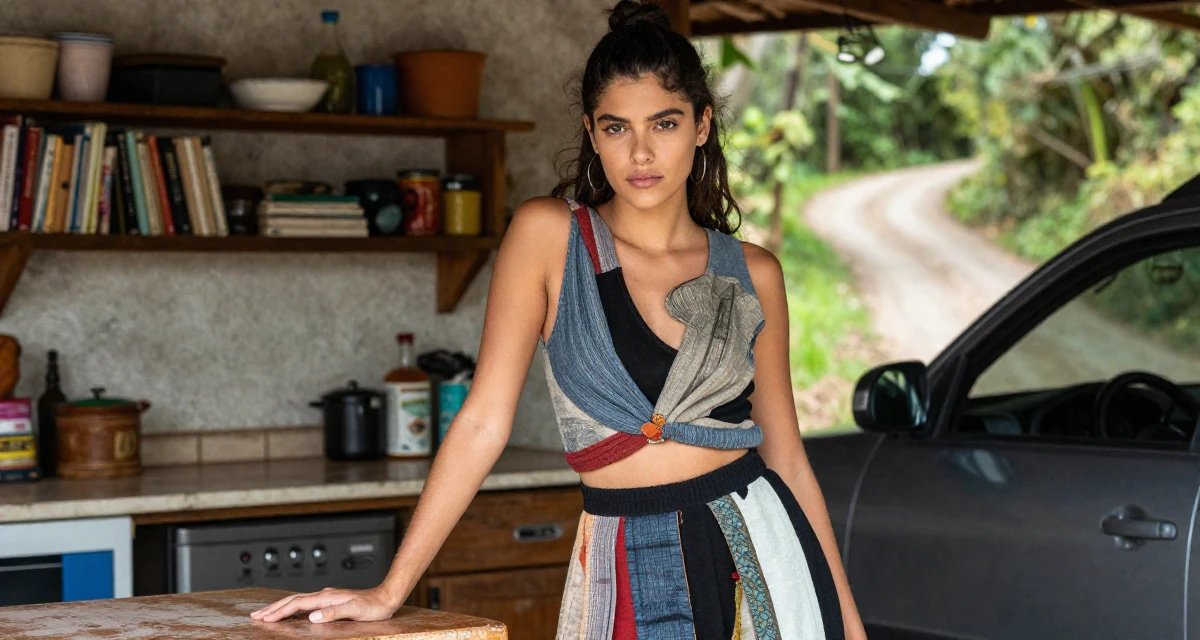 A gently serious Female From Colombia, has a background in performing arts in their 24, balancing sensuality with authenticity, wearing a artistic layered clothing, resting hands on a table in a rustic kitchen.