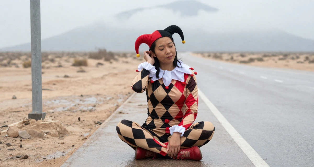 A warm Female From Hong Kong, trained in contemporary dance and visual expression in their 22, feeling imposter syndrome in office meetings, wearing a harlequin jester costume with a diamond pattern, tucking hair behind an ear in a rainy street corner.
