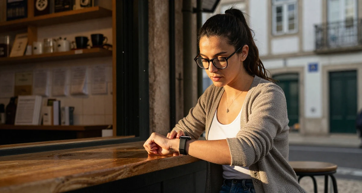 A steady Female From Portugal, studied marine sciences in their 20, chasing creative dreams despite parental skepticism, wearing a librarian outfit with glasses and a tight cardigan, glancing at a wristwatch in a historic downtown.