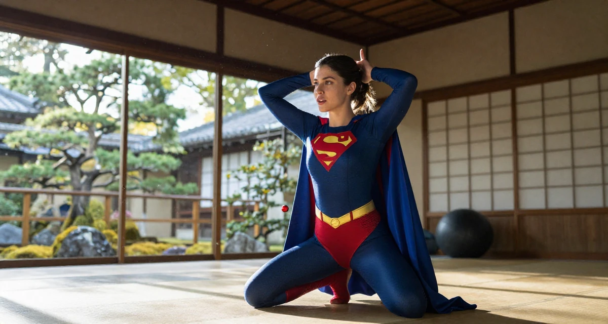 A ethereal Female Once an art school dropout, now a self-taught creator with signature style in their 25, evaluating long-term career opportunities, wearing a superheroine spandex suit with a cape, gesturing while talking in a gym interior.