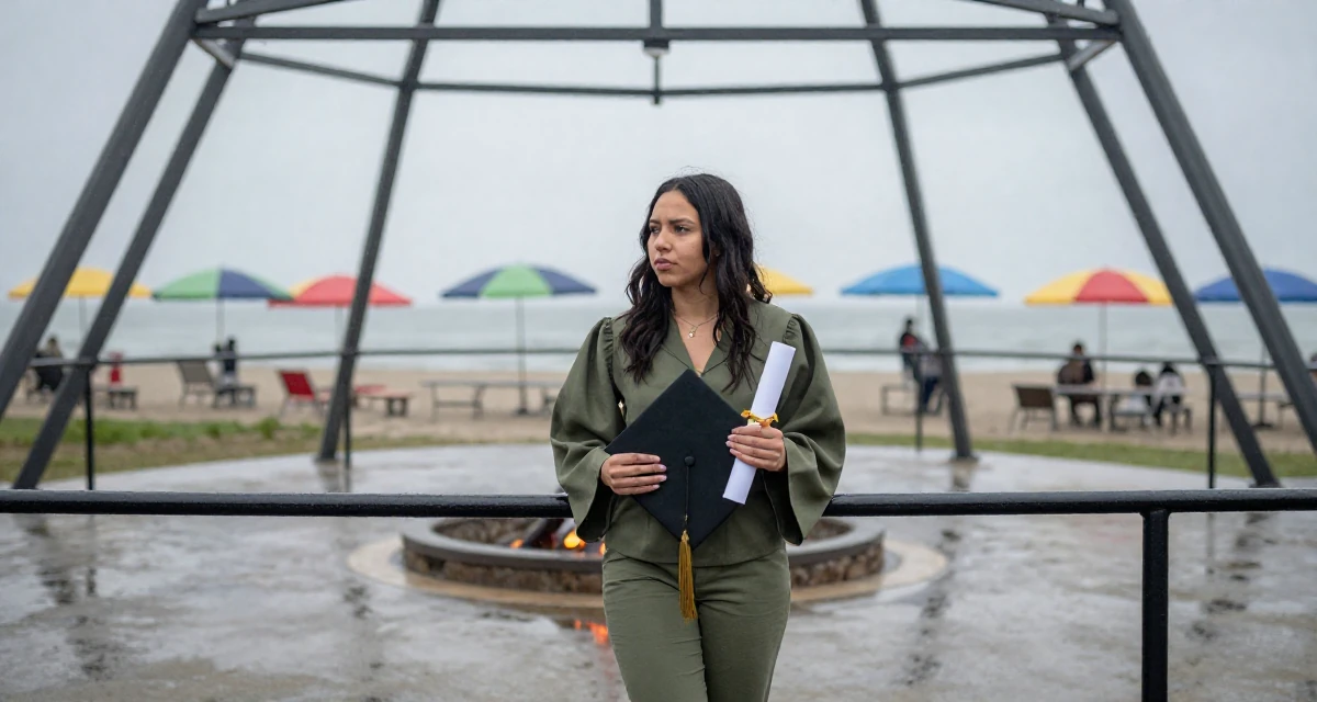 A wistful Female From Canada, holds a degree in accounting in their 21, feeling the pressure of impending graduation, wearing a muted olive green tones, leaning on a railing in a campfire circle.