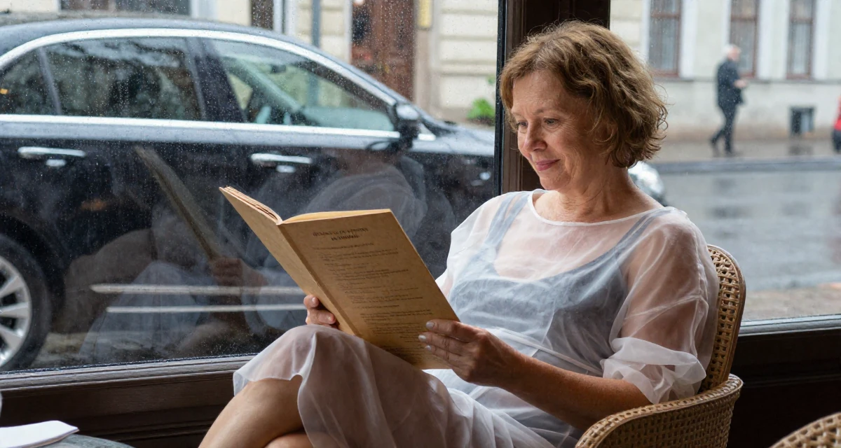 A warmhearted Female From Russia, majored in international trade in their 40, focusing on legacy and long-term wealth, wearing a semi-transparent beach cover-up dress, looking at a menu in a rainy street corner.