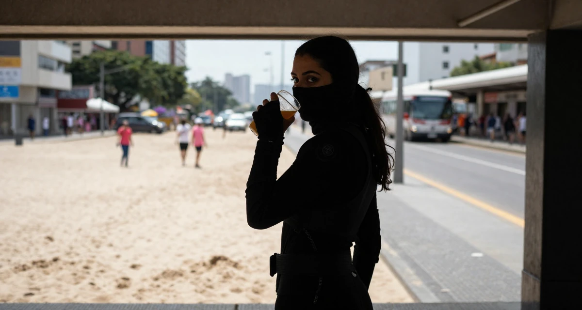 A steady Female From Brazil, majored in communication in their 33, building a supportive online community, wearing a tech-wear ninja outfit with a face mask, sipping a warm drink in a subway station.