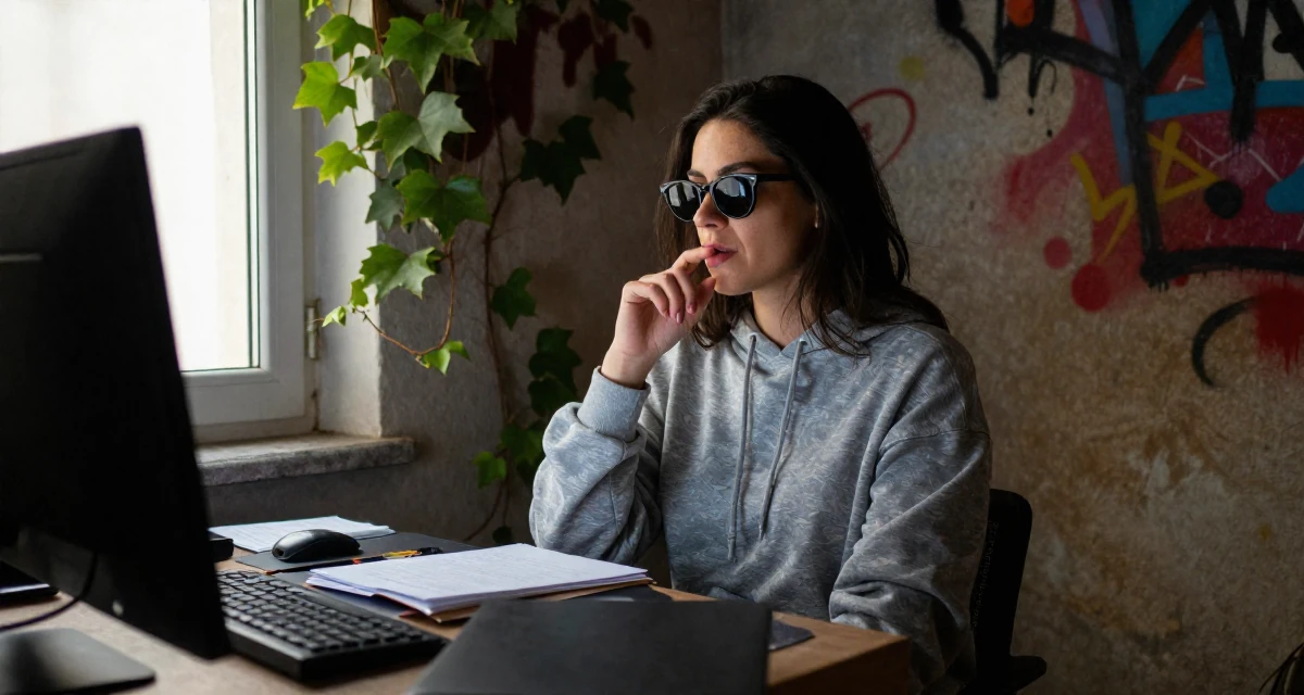 A charismatic Female From Cyprus, based in Limassol, graduated from a communication school majoring in alluring content design in their 25, struggling with academic workload, wearing a comfortable lounge wear set, putting on sunglasses in a graffiti art wall.