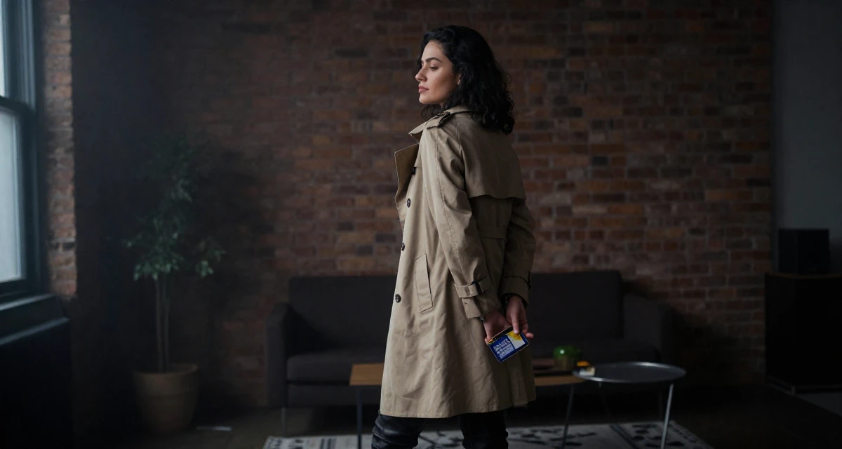 A serene Female Born in Colombia, trained in audiovisual communication in their 26, exploring digital nomad life, wearing a timeless trench and boots, holding a subway card in a loft apartment with brick walls.