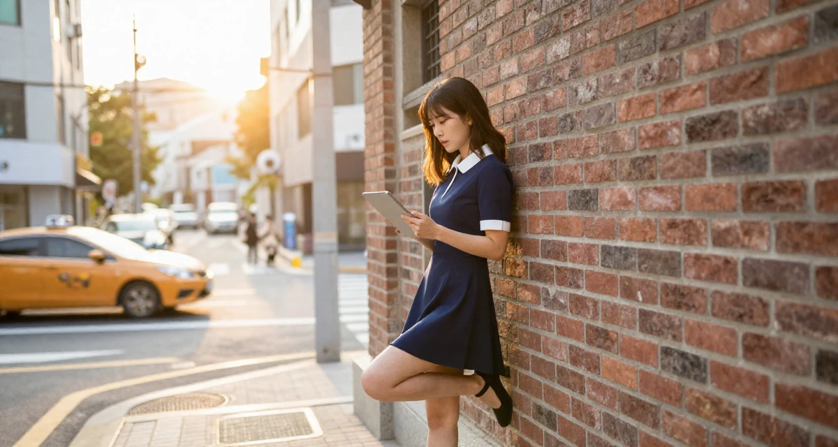 A focused Female From Busan South Korea, trained at a private dance academy in their 22, building early fan loyalty through replies and messaging, wearing a navy blue dress with white collar and cuffs, holding a tablet in a loft apartment with brick walls.