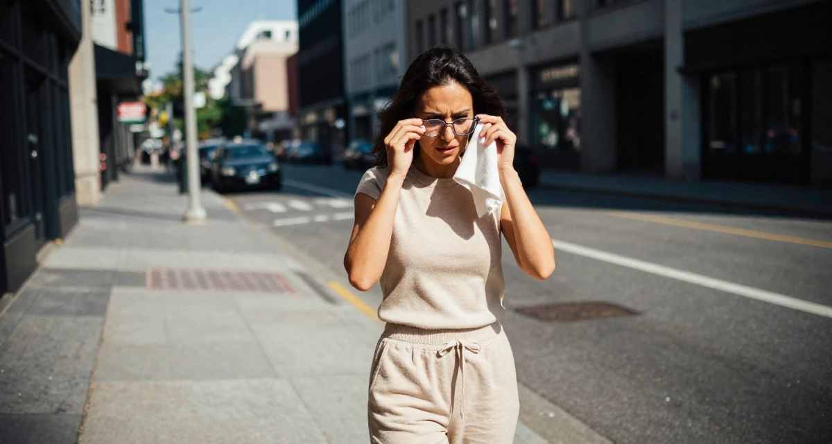 A ferocious Female Previous dental assistant, now exploring body-empowerment narratives in their 47, preparing for empty-nest life, wearing a monochromatic beige outfit with a knit top and trousers, cleaning glasses with a cloth in a urban street.