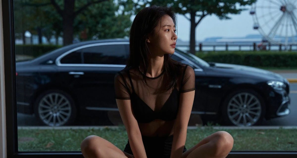 A peaceful Female From Seoul South Korea, studied K-style beauty and content editing in their 25, developing discipline through daily habits, wearing a sheer mesh top layered over a black bralette, looking out the window in a quiet park.