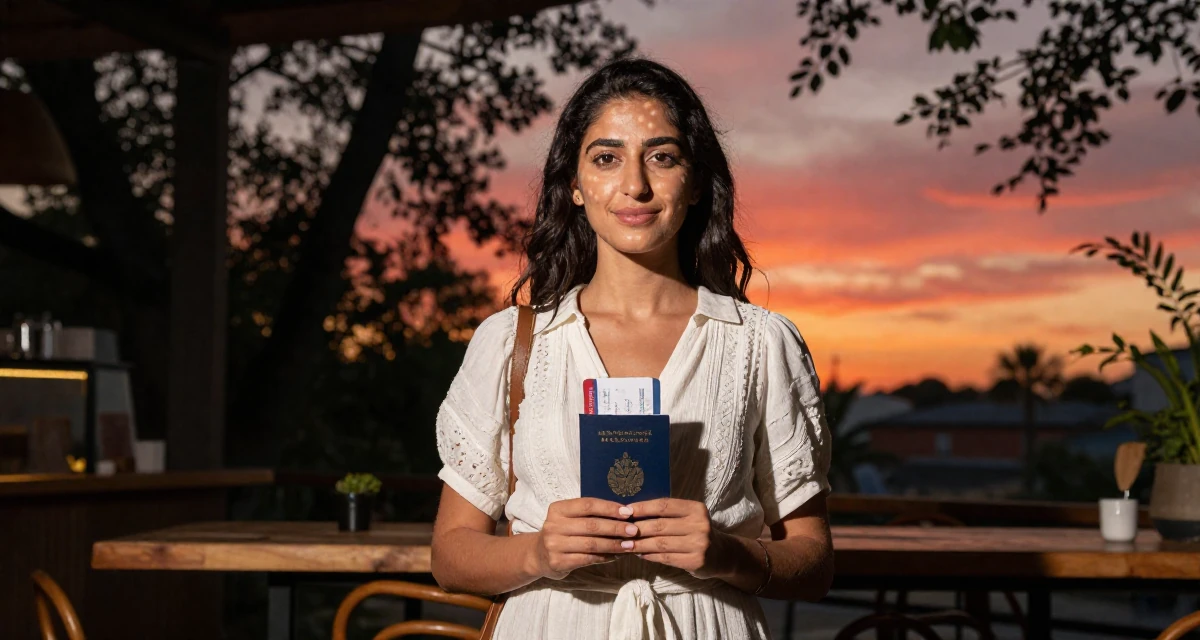 A quietly happy Female From Arabic-speaking world, studied international logistics in their 29, solidifying professional reputation, wearing a breezy summer vacation outfit, holding a passport or ticket in a trendy coffee shop.