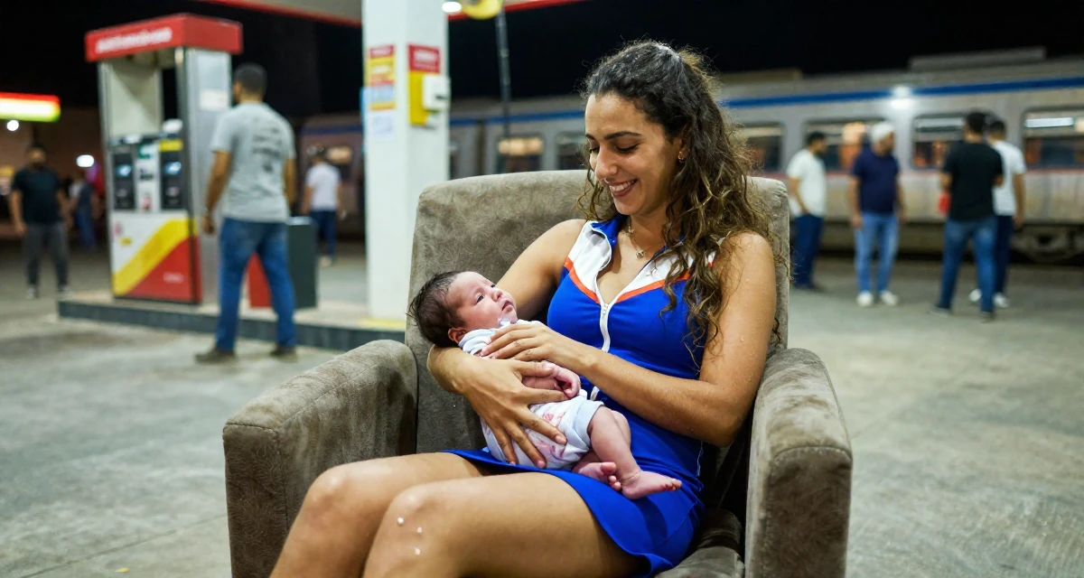 A hopeful Female From Cairo Egypt, studied expressive arts therapy in their 35, caring for a newborn, wearing a race queen outfit with a zipper front and mini skirt, wiping hands in a gas station at night.