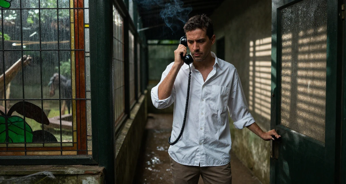 A wistful male From Venezuela, majored in public administration in their 49, noticing early burnout signs, wearing a oversized white shirt with sleeves rolled up and slim trousers, opening a door in a zoo enclosure path.