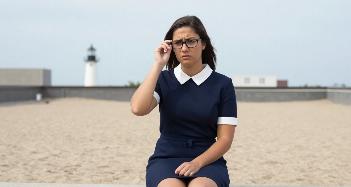 A assured Female From Houston USA, majored in psychology in their 22, worrying about disappointing early supporters, wearing a navy blue dress with white collar and cuffs, adjusting glasses in a rooftop garden.