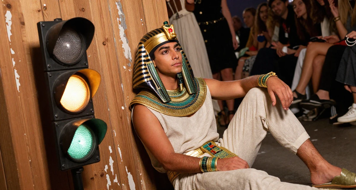 A self-assured male From Switzerland, based in Zurich, graduated from a creative institute majoring in high-end glam production in their 22, forming early ideas of personal branding, wearing a egyptian queen costume with gold collar and linen, waiting for a light to change in a fashion runway.