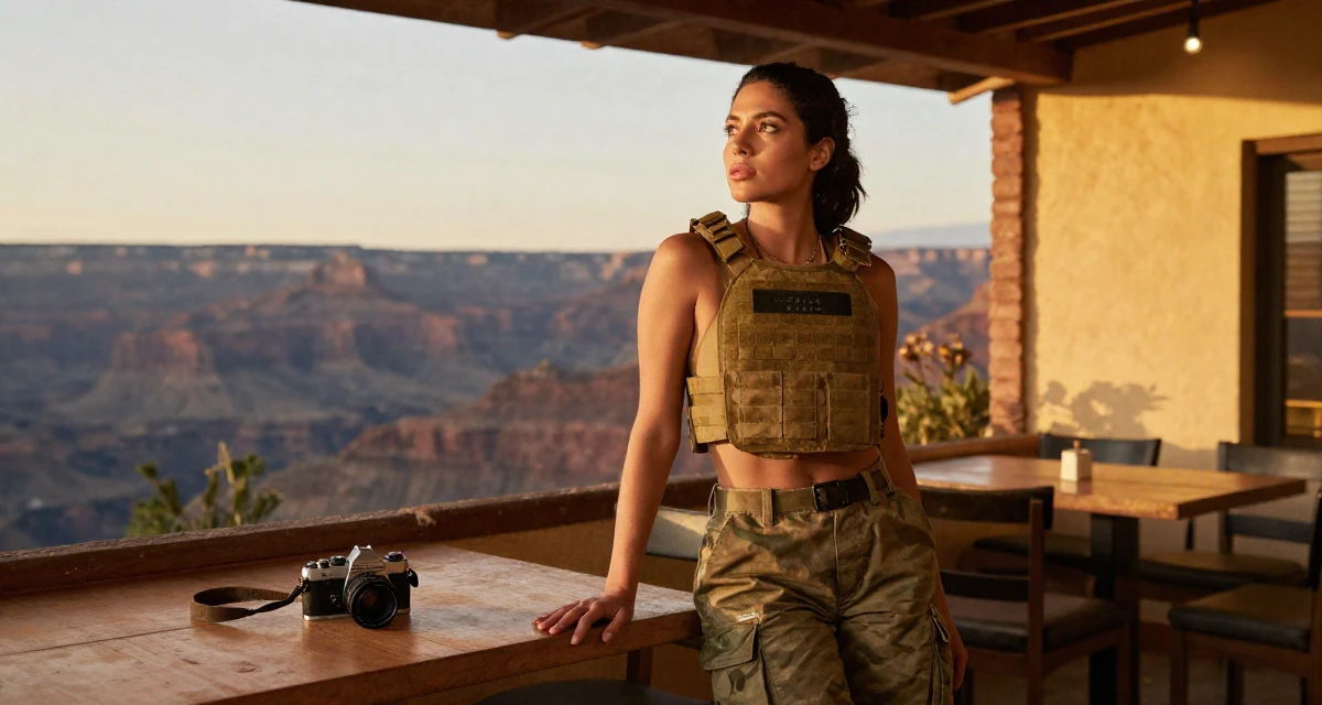 A assertive Female From Guadalajara Mexico, trained in swimsuit modeling and runway posing in their 29, dealing with social pressure to “settle down”, wearing a tactical military gear with a cropped vest and cargo pants, gazing at the sky in a cozy café.