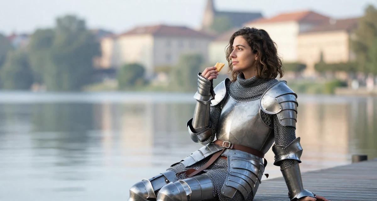 A zoned out Female From Argentina, studied digital marketing in their 40, embracing natural beauty and self-acceptance, wearing a female knight armor with a tabard and chainmail, holding a snack in a serene lakeside dock.