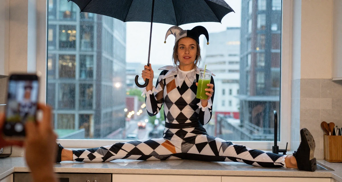 A magnetic Female Raised in Iceland, majored in creative digital strategy in their 24, wearing activewear and holding a green juice, wearing a harlequin jester costume with a diamond pattern, shaking rain off an umbrella in a sunlit kitchen island.