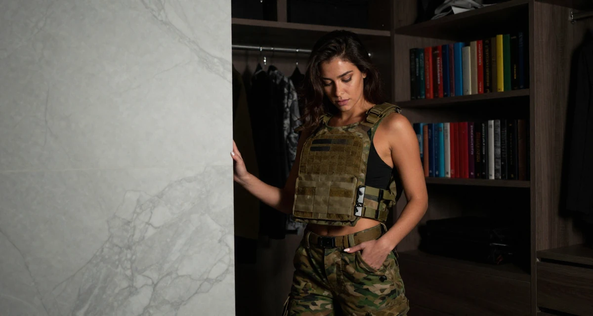 A mysterious Female From the United States, based in Miami, graduated from a creative institute majoring in seductive branding in their 20, living entirely for the aesthetic of the moment, wearing a tactical military gear with a cropped vest and cargo pants, reaching for a pocket in a walk-in wardrobe.